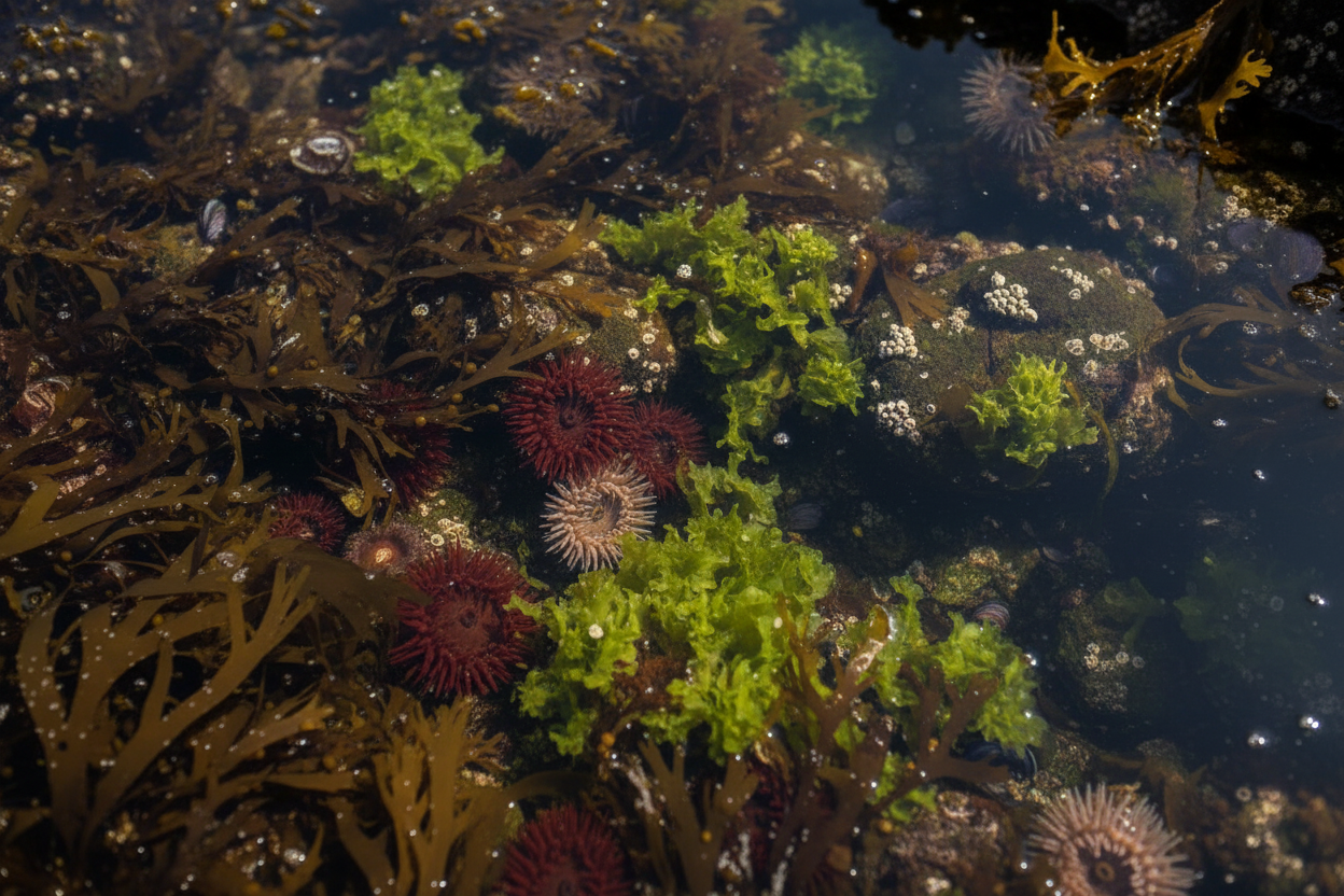 A view into a coastal rock pool with different types of seaweed and anemones in bright greens, browns, and reds.