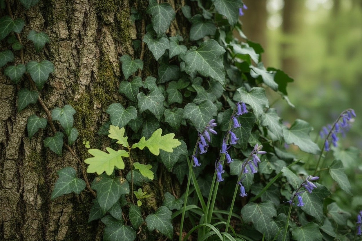 Ivy vines climbing up a tree trunk, with a small oak sapling and bluebells growing beneath.