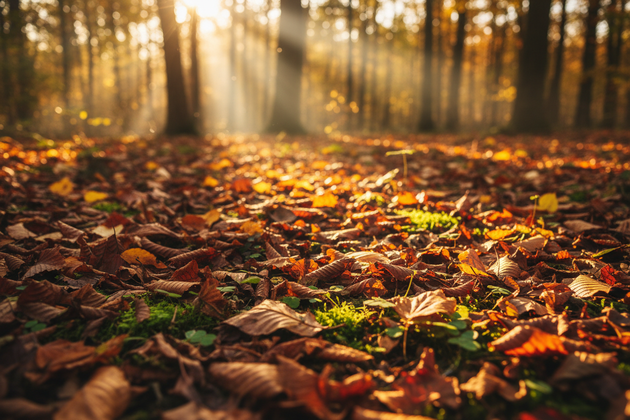 A floor level view of leaf litter and moss with a sunlit forest background