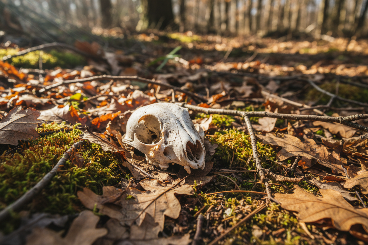 An animal skull amongst the leaf litter and moss on a forest floor.
