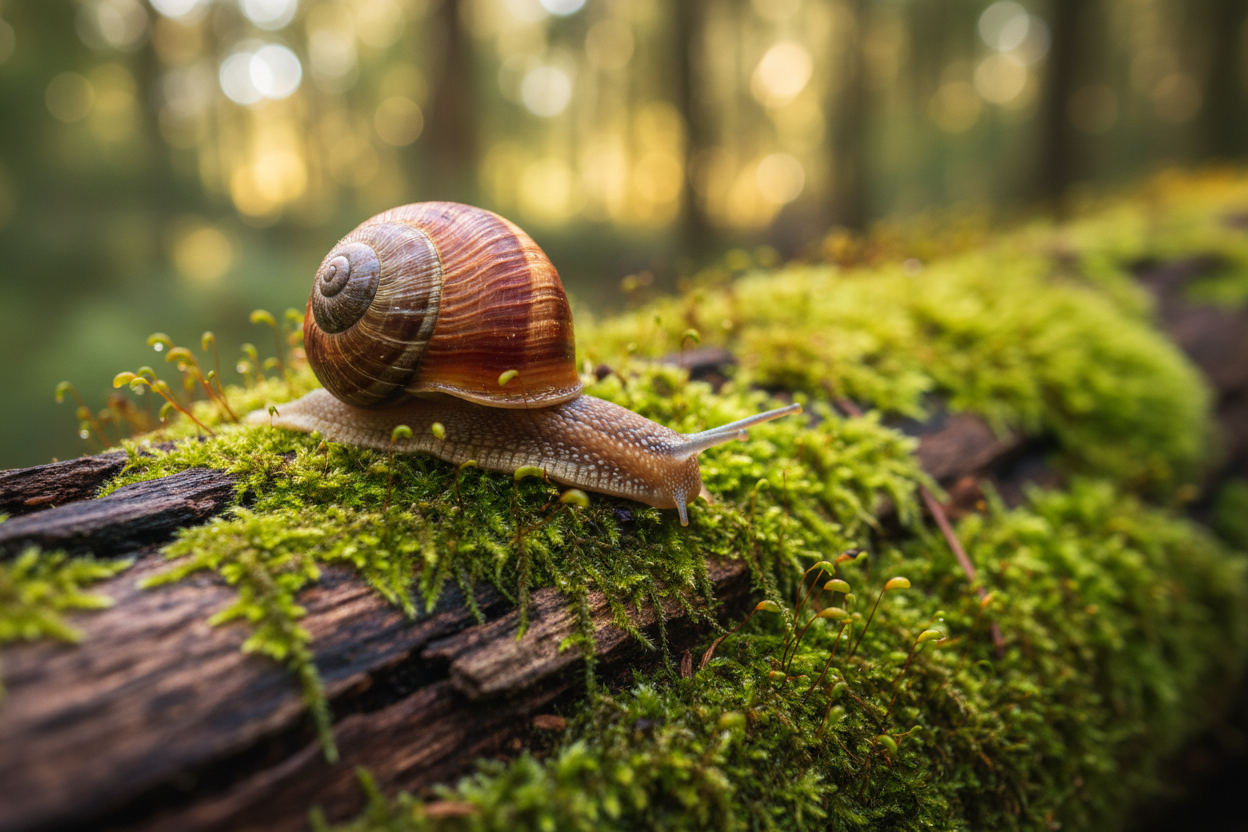 A garden snail making its way across a mossy piece of wood, with a dappled sunlit forest background