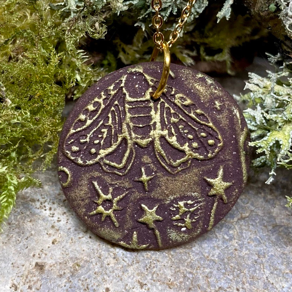 Moth tile necklace - burgundy